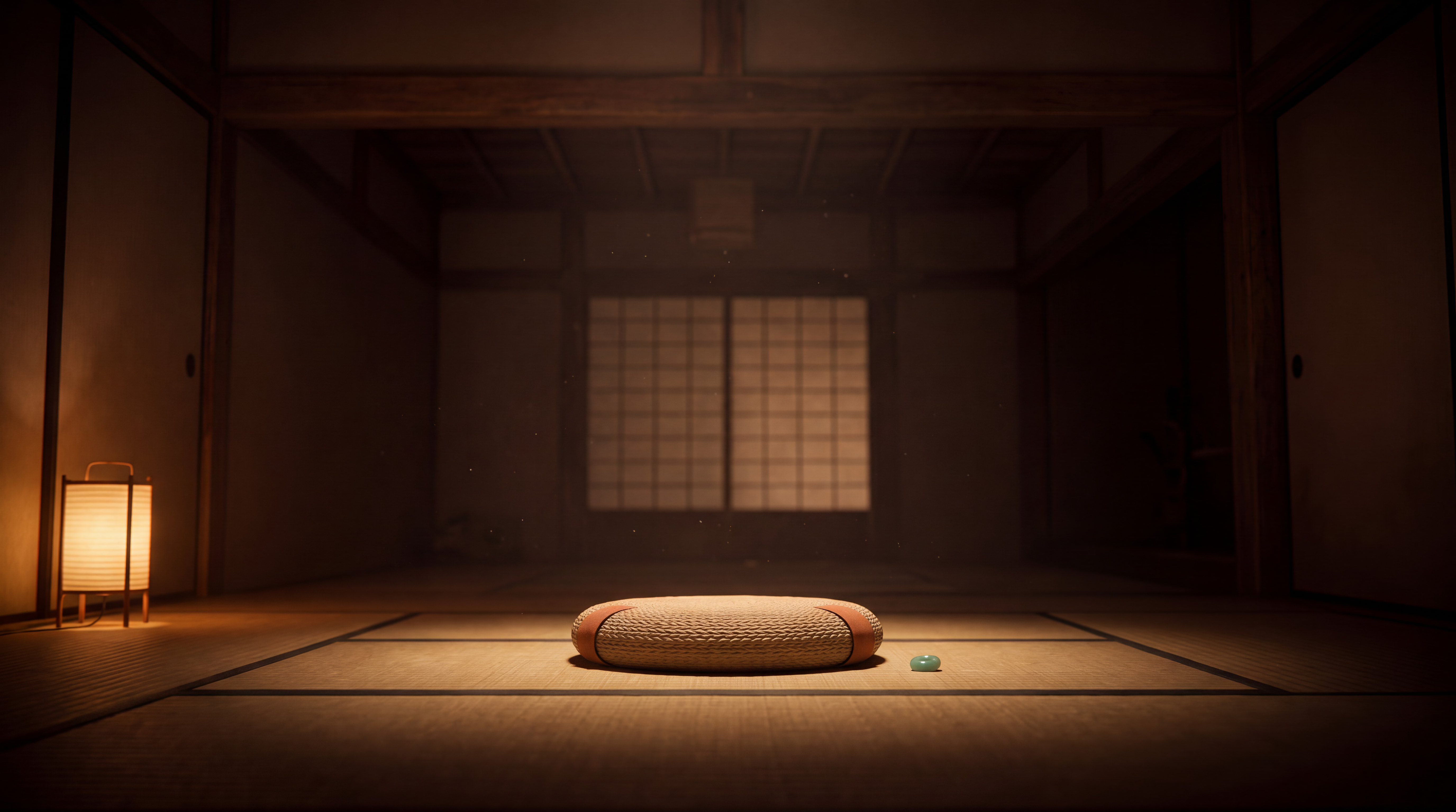 An empty cushion in a dim room, a single warm lamp